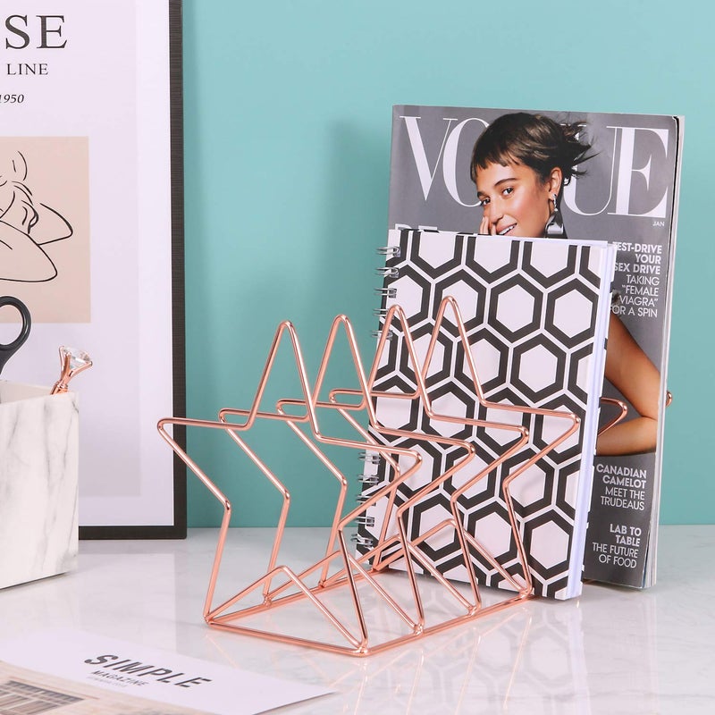 Simmer Stone Magazine Holder File Sorter, Metal 5 Slot Desk Organizer Rack for Document, Folder, Letter and Book, Rose Gold, Pentastar Shape - Image 4